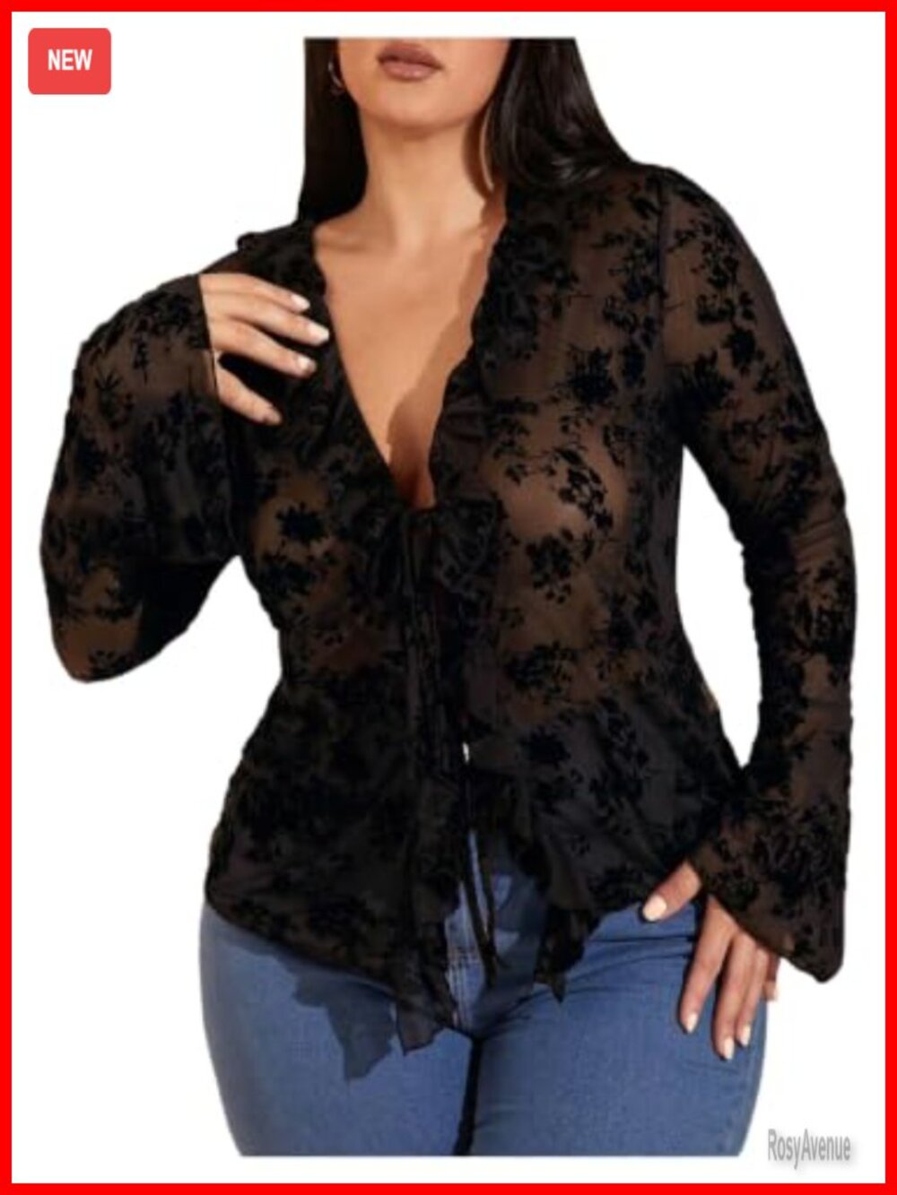 Plus Size Sheer Lace Tie Front Going Out Top - Long Sleeve V-Neck